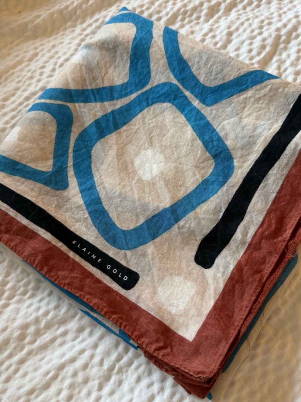 Elaine Gold Geometric Lightweight Scarf in Blue and Rust Cotton Accent Tie Wrap